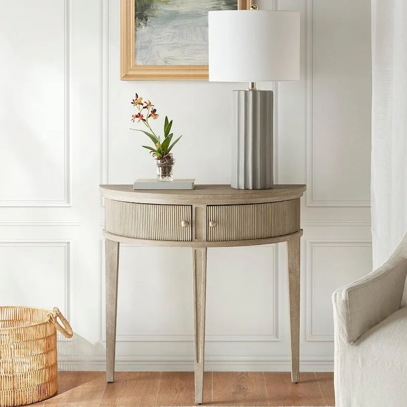 Demilune Console Table with Fluted Door & Bronze Knob, Reclaimed Wheat, 31