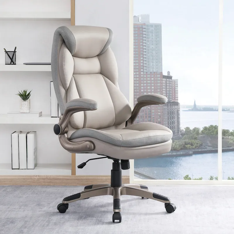 Executive Bonded Leather Office Chair with Lumbar Support, Locking Tilt and Flip Arms – Taupe / Black / Charcoal, for 1 Person