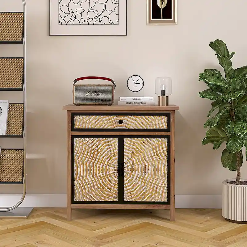 Natural Wood Storage Cabinet with Drawer and Door