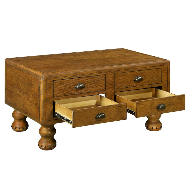 Rectangle Coffee Table, 4 Drawers, Pine Wood & MDF, Oak Veneer, Gourd Legs, 40