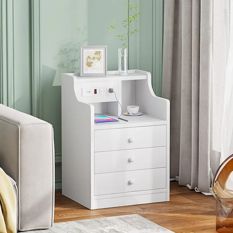 3-Drawer Nightstand with Built-in Charging Station and Open Shelf – White / Pink / Grey / Black, for 1 Person