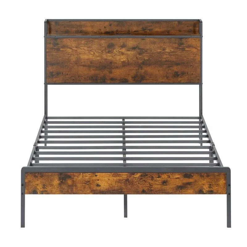 Mieres Queen Size Bed Frame, Platform Bed with Storage Headboard and Charging Station, Non-Slip Without Noise