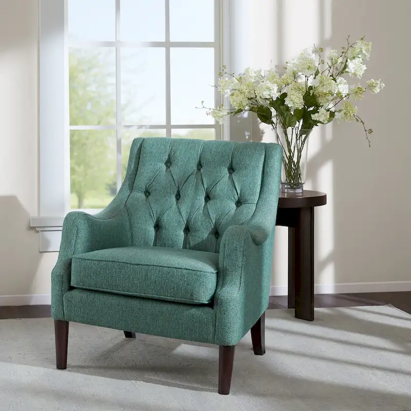 Button Tufted Accent Chair, Transitional, Removable Cushion, Wood Legs, 29.25