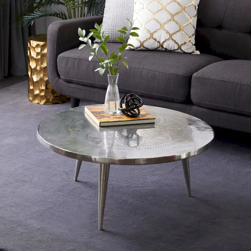 Aluminum Metal Floral Engraved Coffee Table with Tripod Legs - Silver- 35Wx35Lx16H