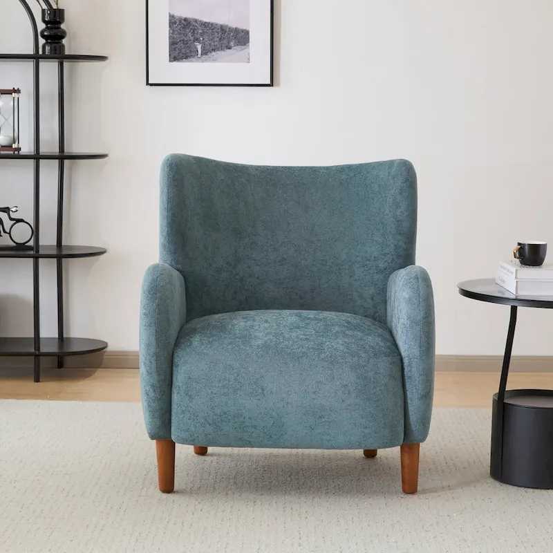 Wingback Club Chair, Mid-Century, Plush Velvet, Solid Wood & Birch Legs, Seats 1, Blue/Brown