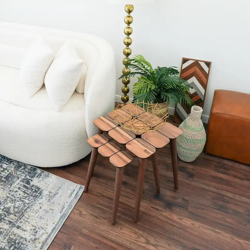 Nesting Tables Set of 3, Mid-Century Modern, Reclaimed Wood Top, Curved Frame, 17
