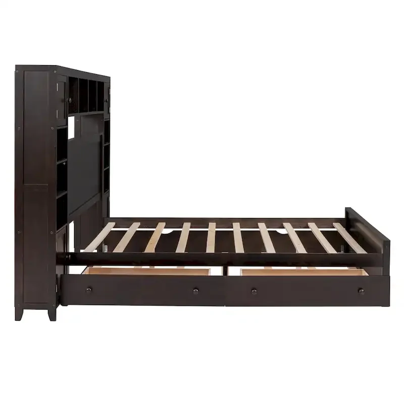 Modern Wooden Bed with Cabinet, Shelf, and Sockets