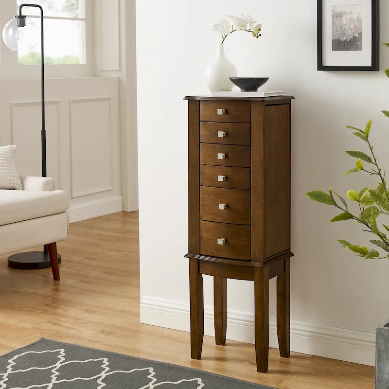 Brown Walnut Jewelry Armoire with 6 Drawers, Flip-Top Mirror & Side Hooks