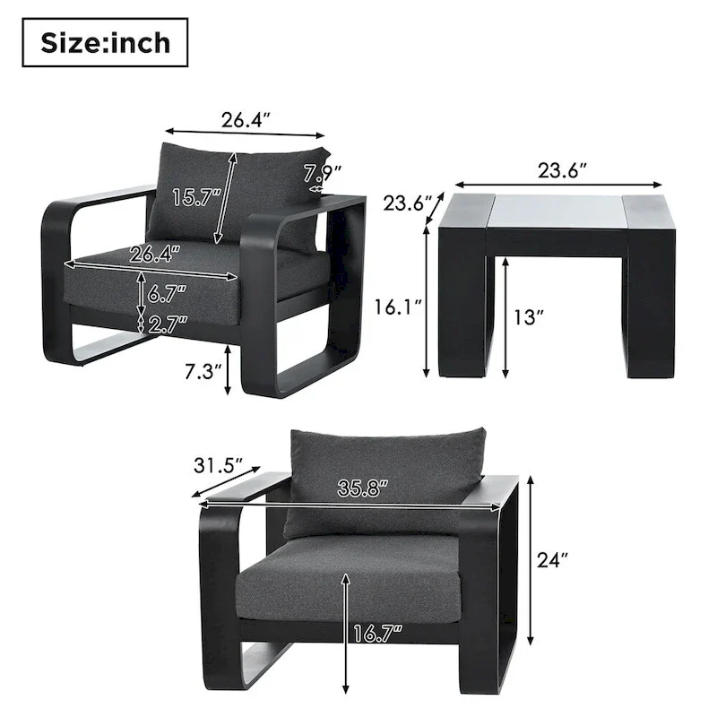 3 Pieces Aluminum Patio Furniture with Cushion and Coffee Table