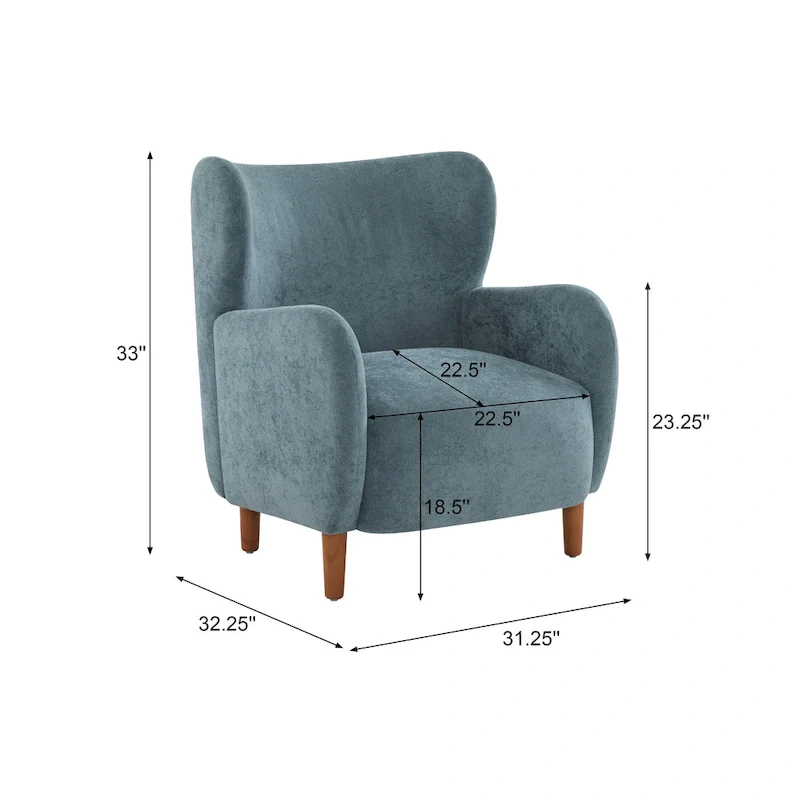 Wingback Club Chair, Mid-Century, Plush Velvet, Solid Wood & Birch Legs, Seats 1, Blue/Brown