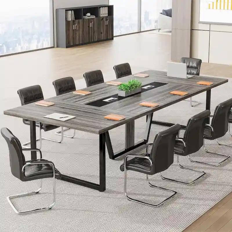 Large Rectangular Conference Table with Cable Management – Brown / Grey, Seats 8–10