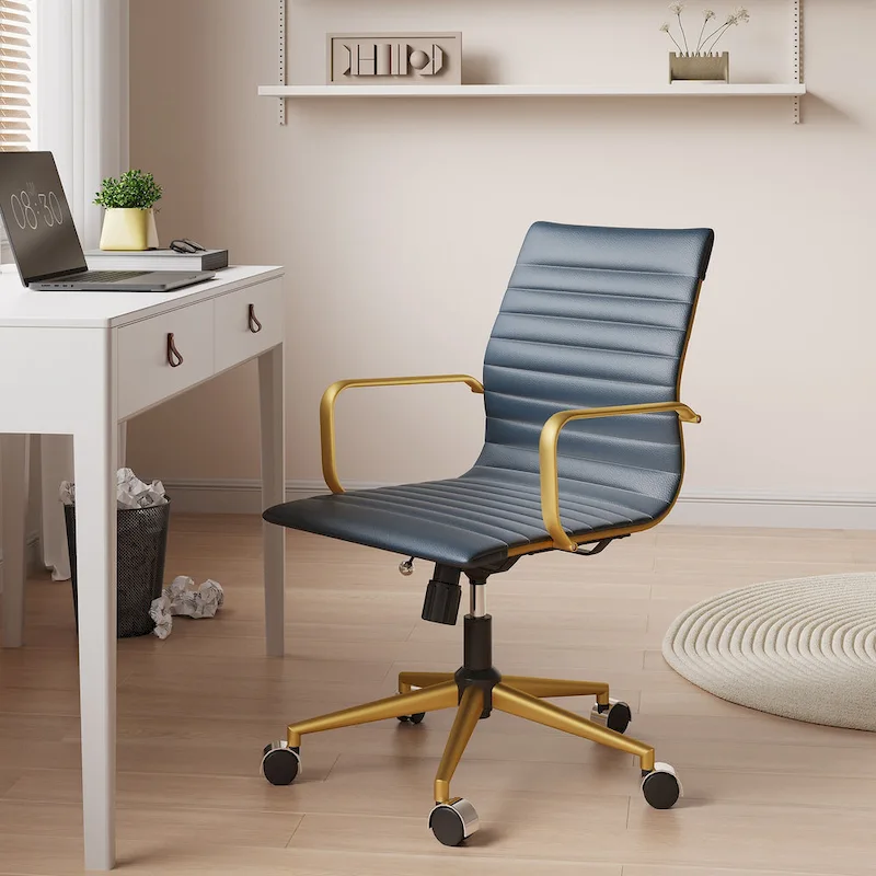 Ribbed Leatherite Office Chair with Chrome Frame, L-Shaped Arms and Swivel Base – Grey / White / Terracotta / Green / Brown / Black / Navy Blue / Gold & Navy Blue / Gold & Black / Gold & White, for 1 Person