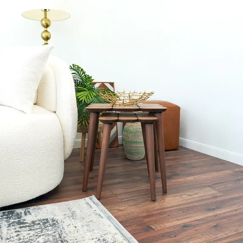 Nesting Tables Set of 3, Mid-Century Modern, Reclaimed Wood Top, Curved Frame, 17
