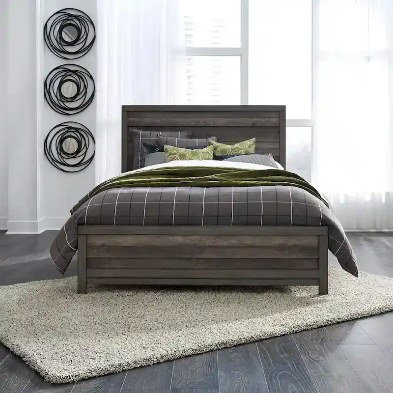 King Panel Bed with Solid Wood Strip Inlays and Center Slat Support – Greystone / Medium Gray, for 1–2 People