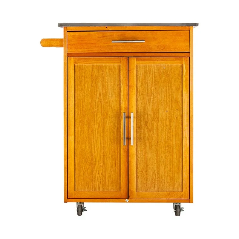 Sapele Rubberwood Portable Kitchen Cart with Stainless Steel Top