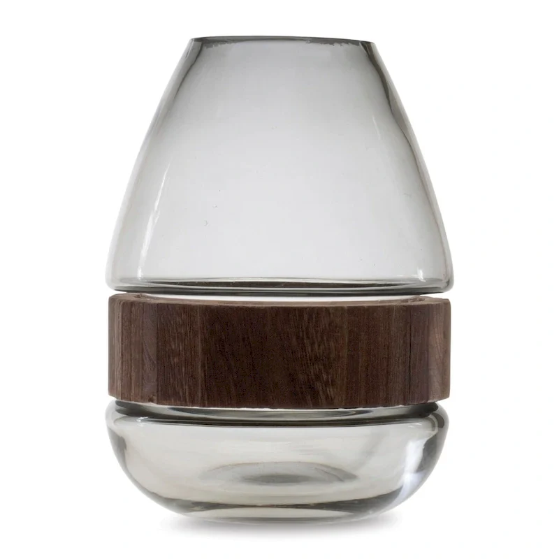 Grey Glass Vase with Natural Wood Accent 7.5 H