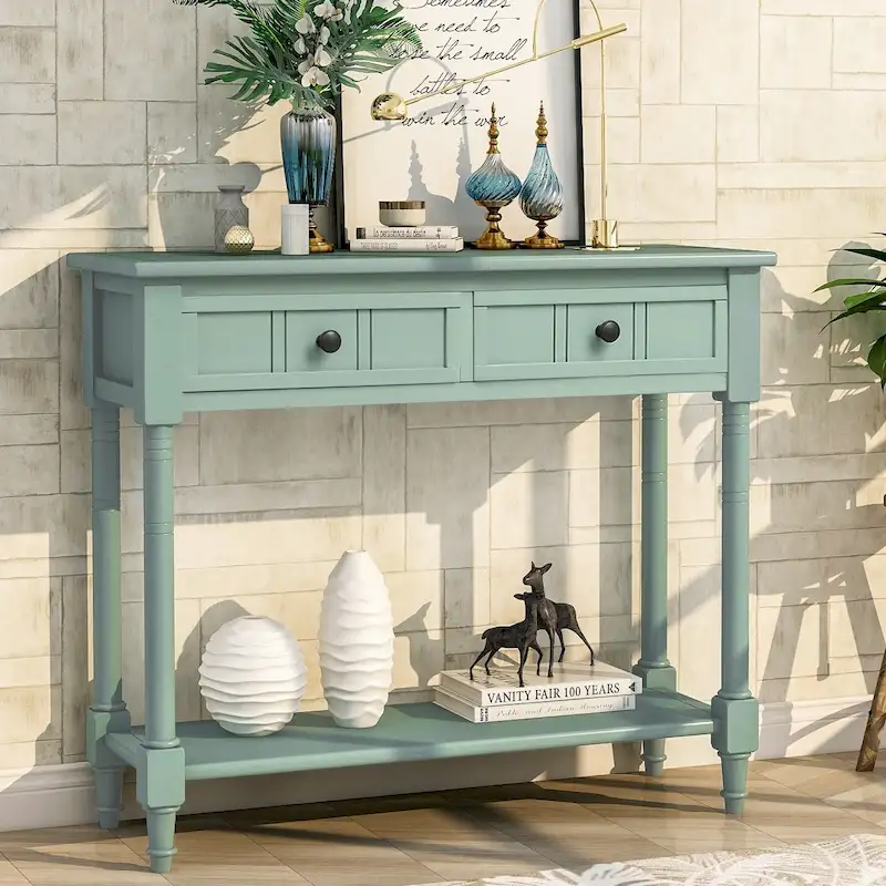Trexm Console Sofa Table with Two Storage Drawers And Bottom Shelf