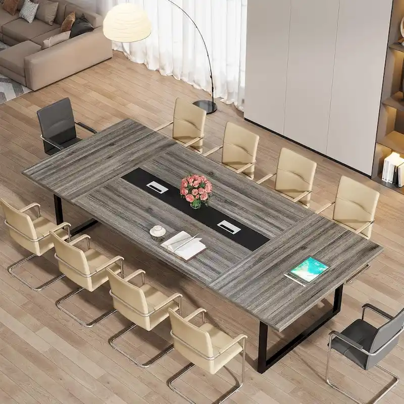 Large Rectangular Conference Table with Cable Management – Brown / Grey, Seats 8–10