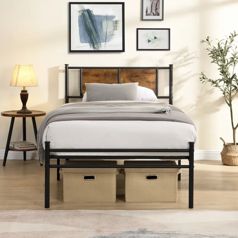 Metal Platform Bed with Wood Panel Headboard, No Box Spring, 10.8
