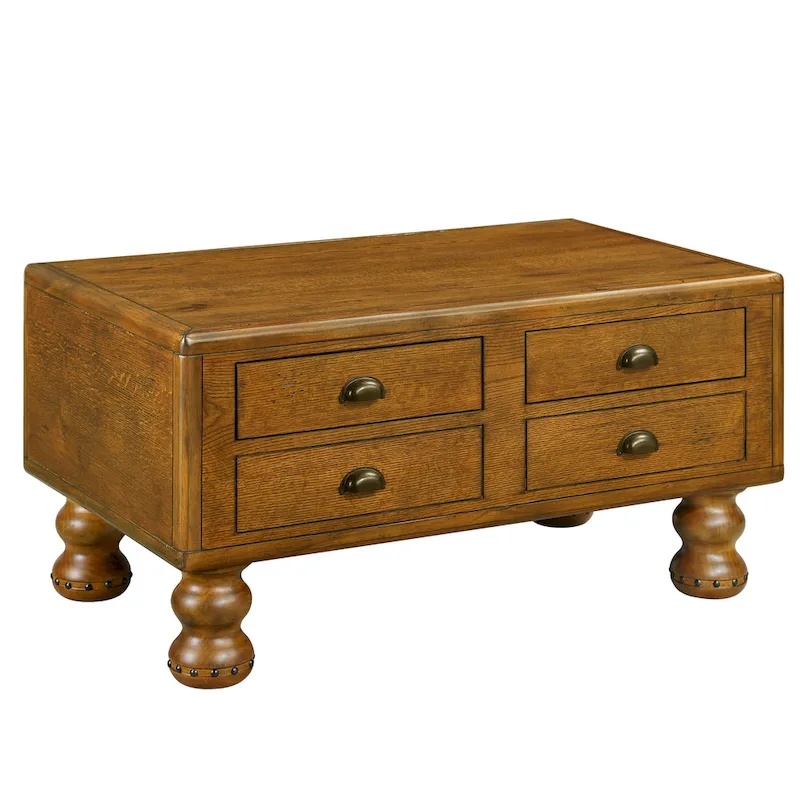 Rectangle Coffee Table, 4 Drawers, Pine Wood & MDF, Oak Veneer, Gourd Legs, 40