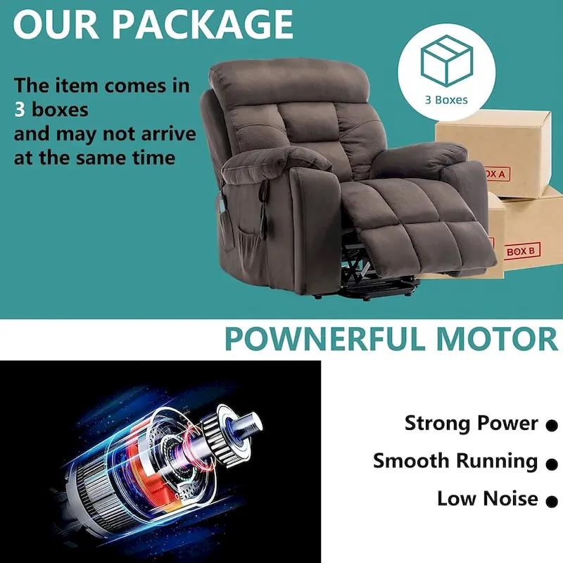 Power Lift Recliner, Massage & Heat, Velvet, 8-Point Massage, Cup Holder, Reclines 160°, Seats 1, Light/Dark Brown