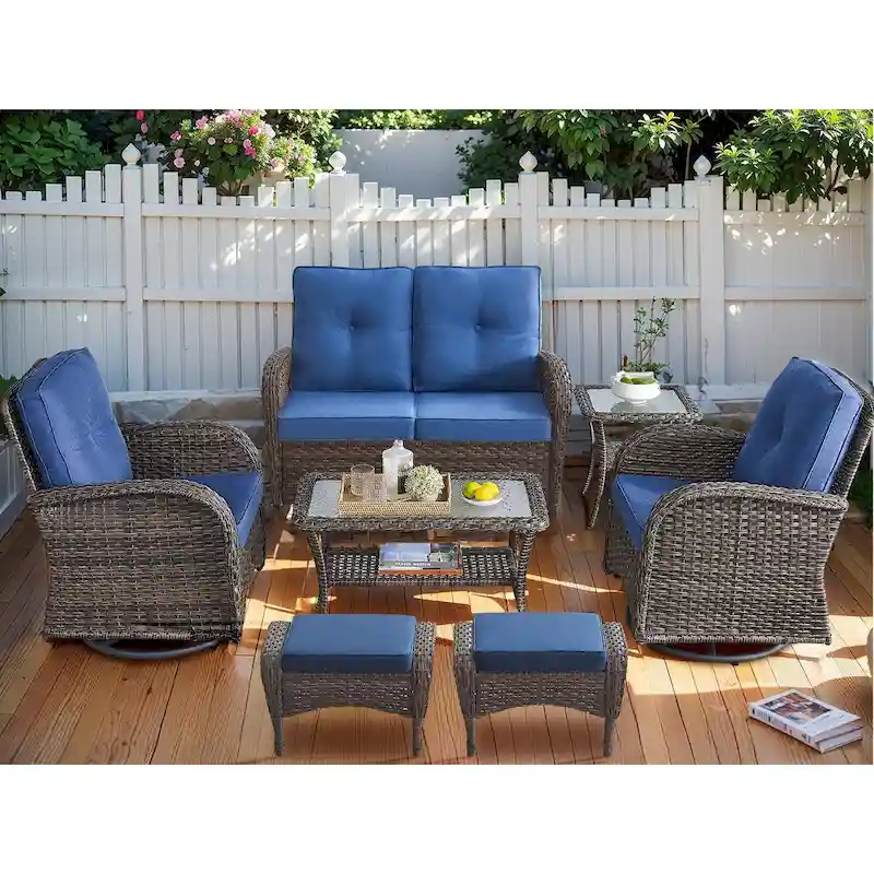 7 Piece Patio Glider Loveseat Sets with Swivel Chair - Brown