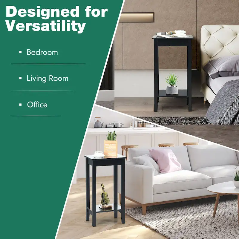 2-Tier Nightstand End Table, Set of 2, Wood & MDF, 4 Solid Legs, 16