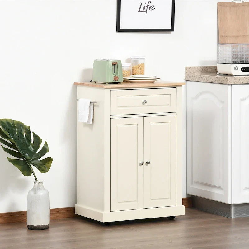 Rolling Kitchen Island Cart with Drawer, Double-Door Cabinet, Adjustable Shelf and 2 Towel Racks – White / Grey / Black, for 1 Person / Household