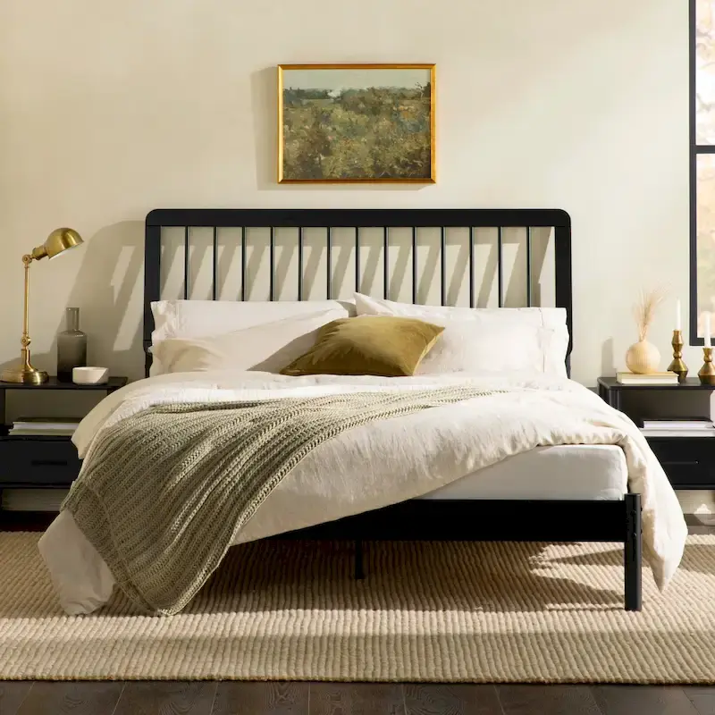 Queen Solid Wood Spindle Bed Frame with Pine Legs – Caramel / Natural Pine / Black, for 1–2 People