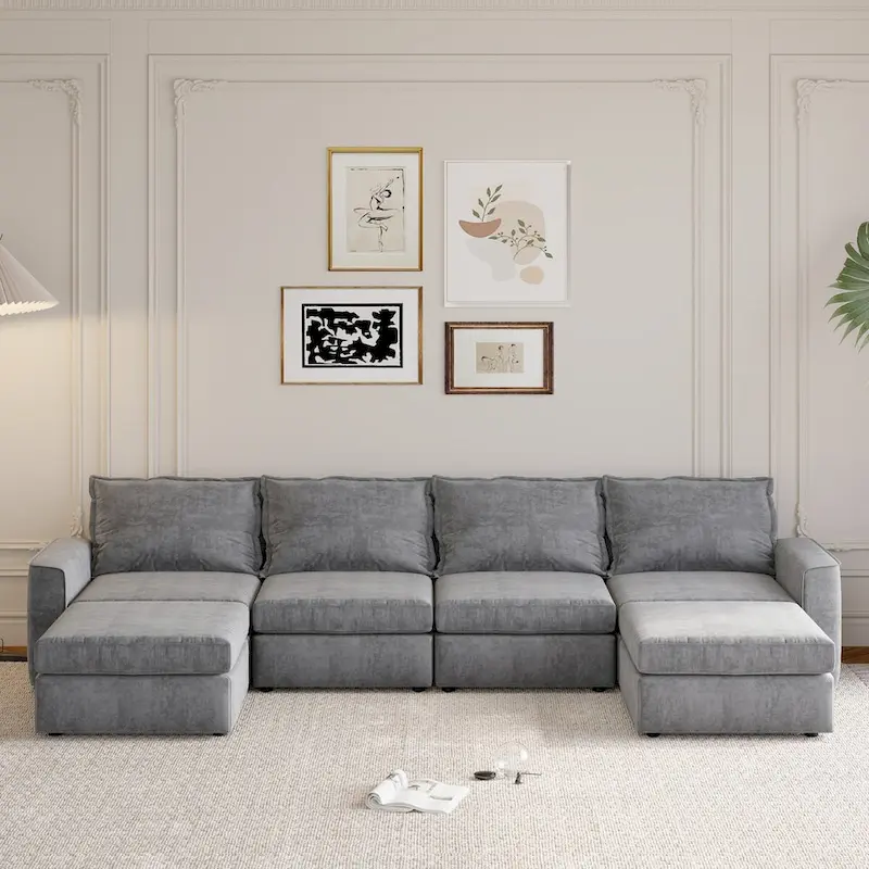 Nestfair Chenille Modular Sectional Sofa U Shaped Reversible Couch Free Combination 6 Seat Sleeper Sofa Bed with Ottoman