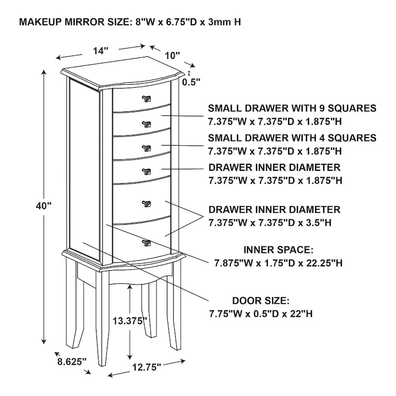Brown Walnut Jewelry Armoire with 6 Drawers, Flip-Top Mirror & Side Hooks