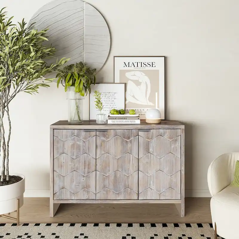Natural 3-Door Fluted Wood Sideboard Cabinet with 2-Tier Storage