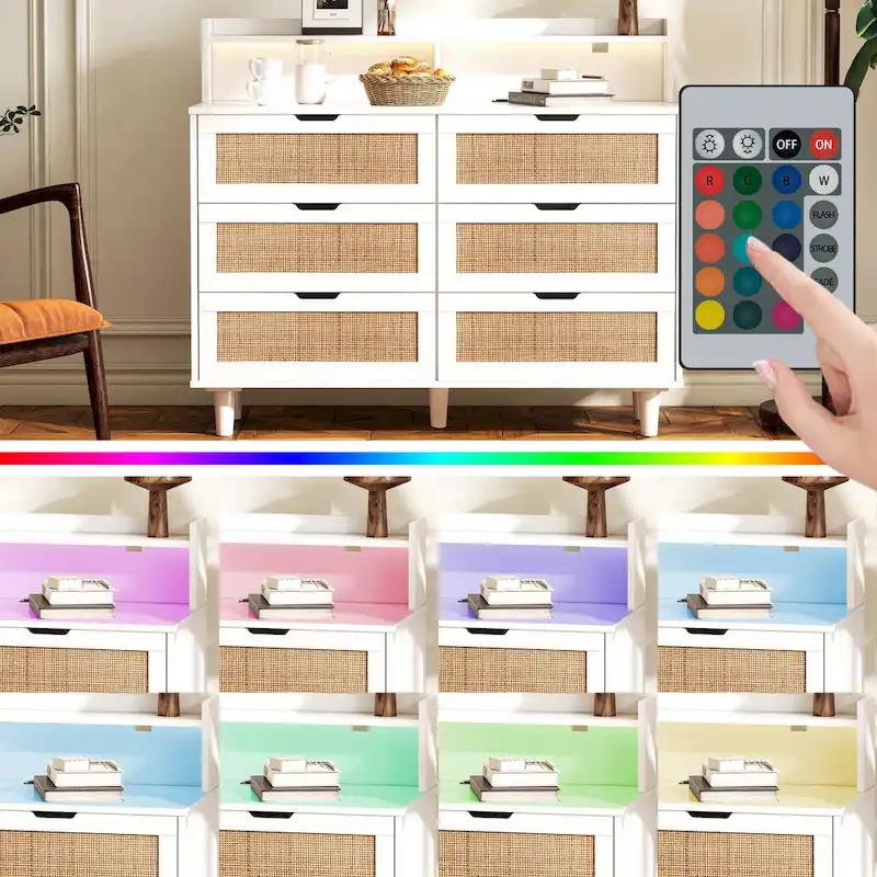 6-Drawers Rattan Storage Dresser Cabinet with LED Lights and Power Outlet