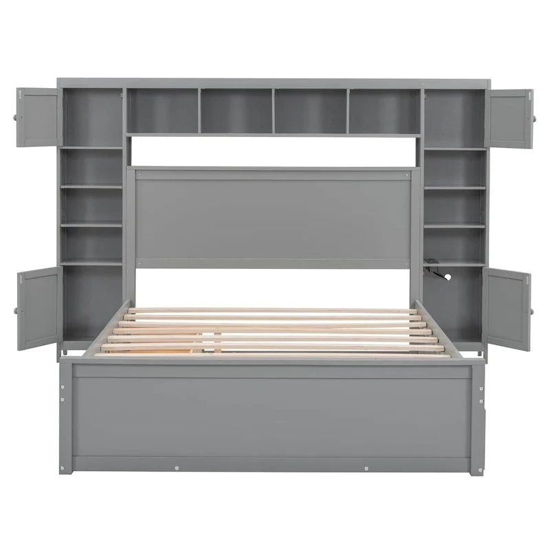 Modern Wooden Bed with Cabinet, Shelf, and Sockets