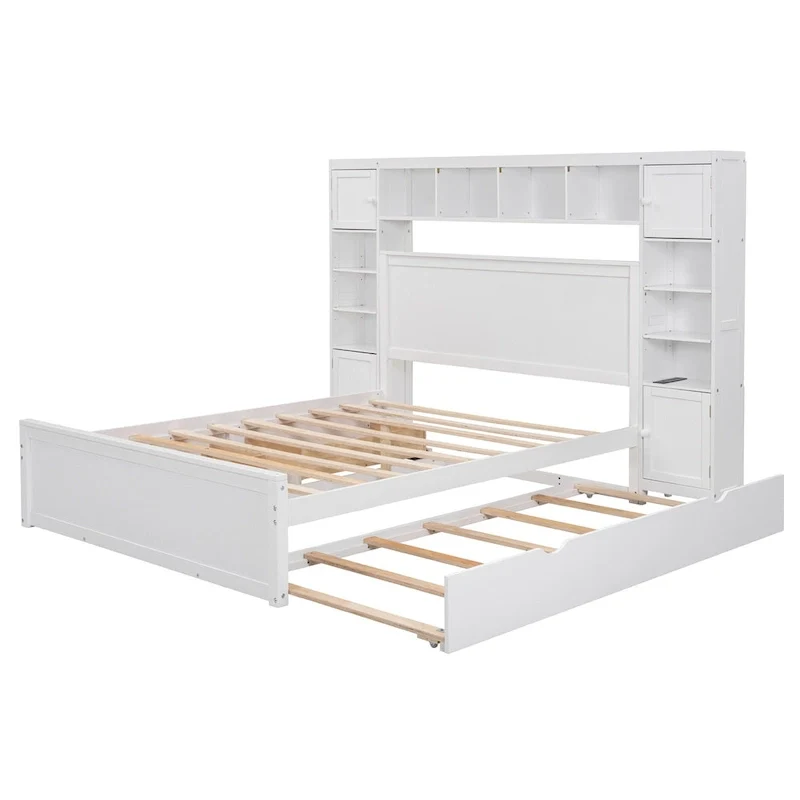Modern Wooden Bed with Cabinet, Shelf, and Sockets