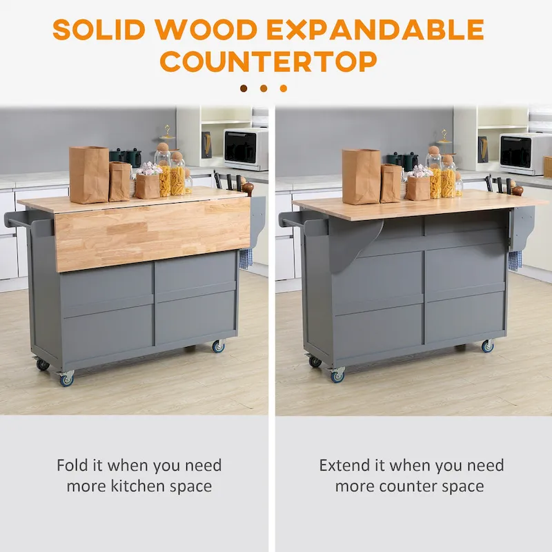Rolling Kitchen Island, Drop-Leaf, Rubberwood Top, 2 Drawers & 2 Cabinets, 4 Wheels, 57.5