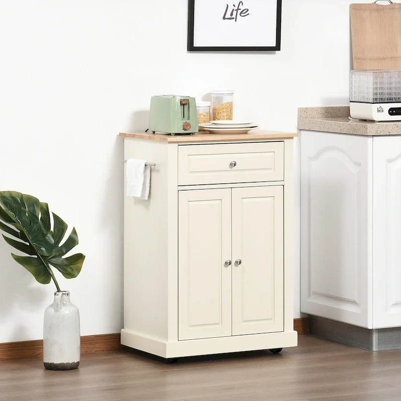Rolling Kitchen Island Cart with Drawer, Double-Door Cabinet, Adjustable Shelf and 2 Towel Racks – White / Grey / Black, for 1 Person / Household