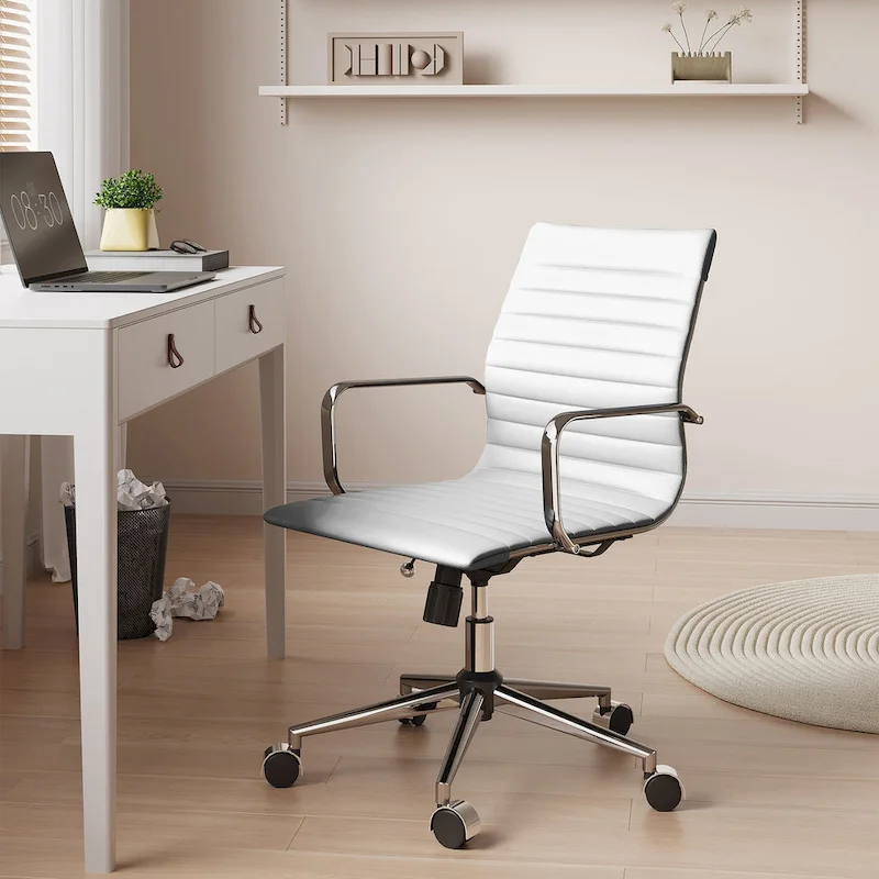 Ribbed Leatherite Office Chair with Chrome Frame, L-Shaped Arms and Swivel Base – Grey / White / Terracotta / Green / Brown / Black / Navy Blue / Gold & Navy Blue / Gold & Black / Gold & White, for 1 Person