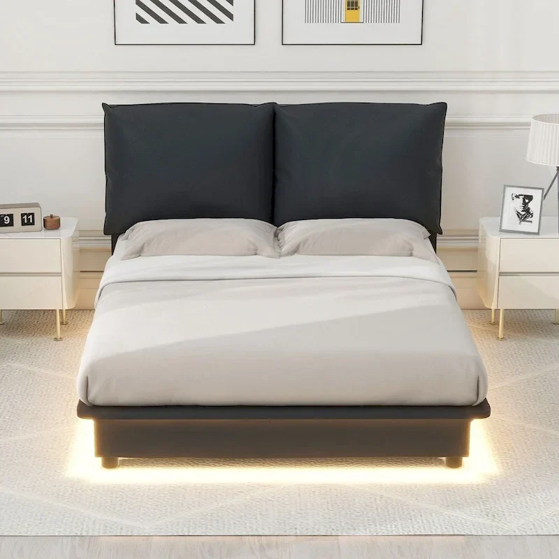 Full / Queen Upholstered Platform Bed with Motion Sensor Light and Ergonomic Headboard – Black / White, for 1–2 People
