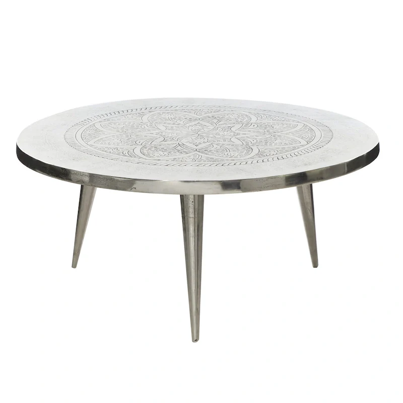 Aluminum Metal Floral Engraved Coffee Table with Tripod Legs - Silver- 35Wx35Lx16H