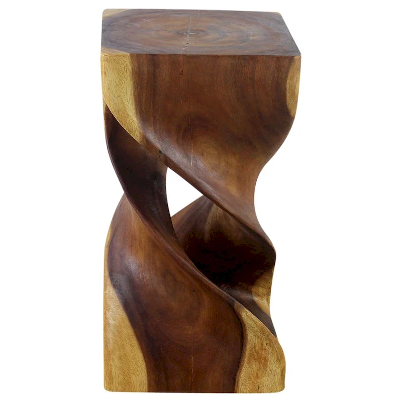Double Twist Stool/Side Table, Carved Monkey Pod Wood, Natural Oak Oil Finish, 12