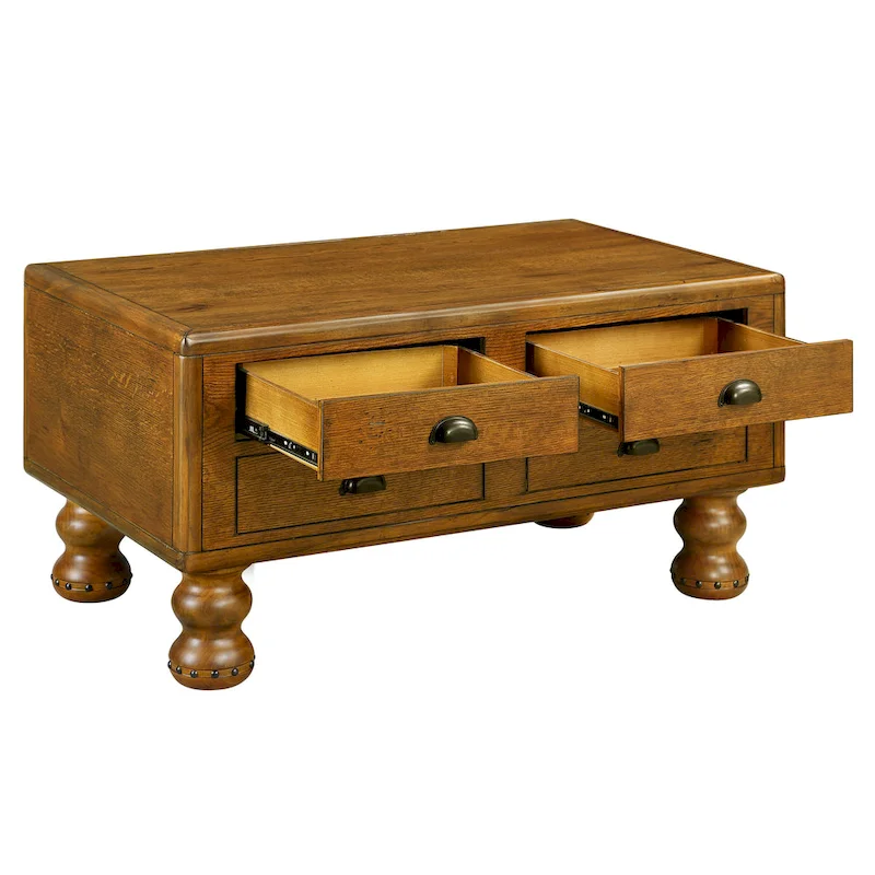 Rectangle Coffee Table, 4 Drawers, Pine Wood & MDF, Oak Veneer, Gourd Legs, 40