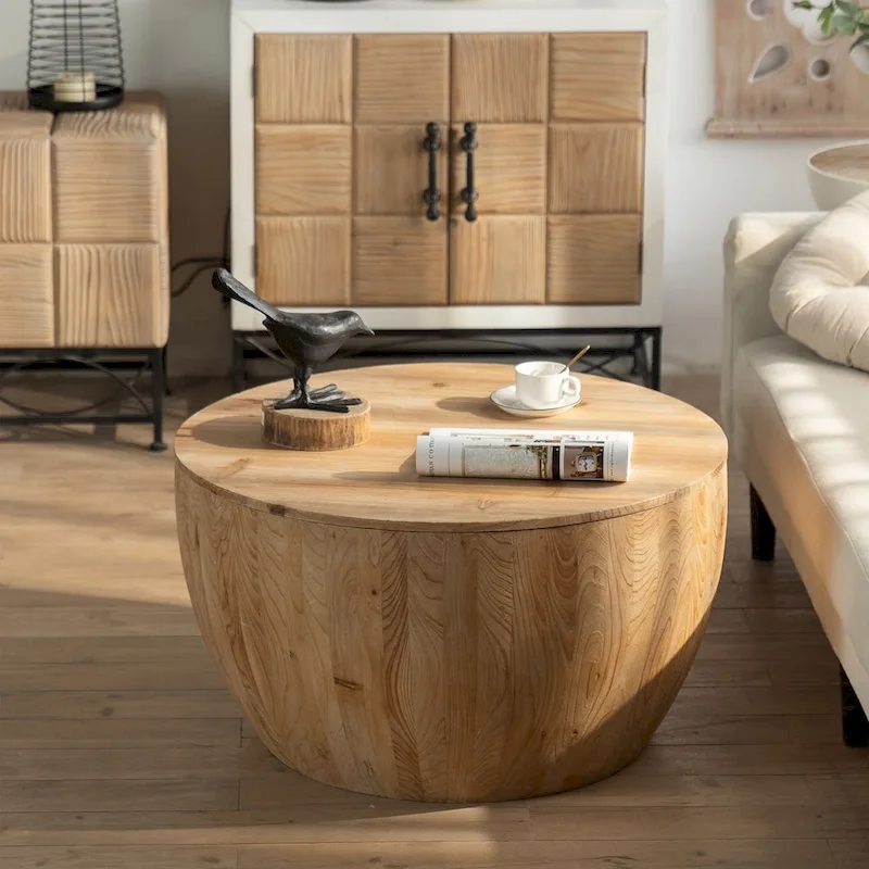 Vintage Style Bucket Drum Shaped Wooden Coffee Table