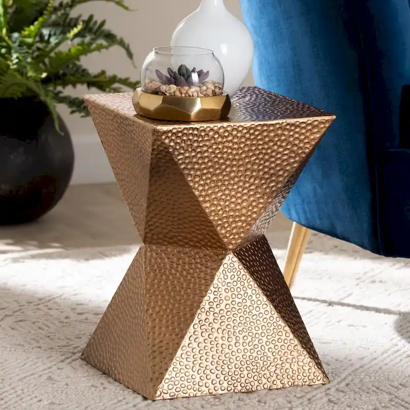 Metal Accent Side Table, Bronze, Hourglass Silhouette, Hammered Texture, Indoor/Semi-Outdoor, 1 Person