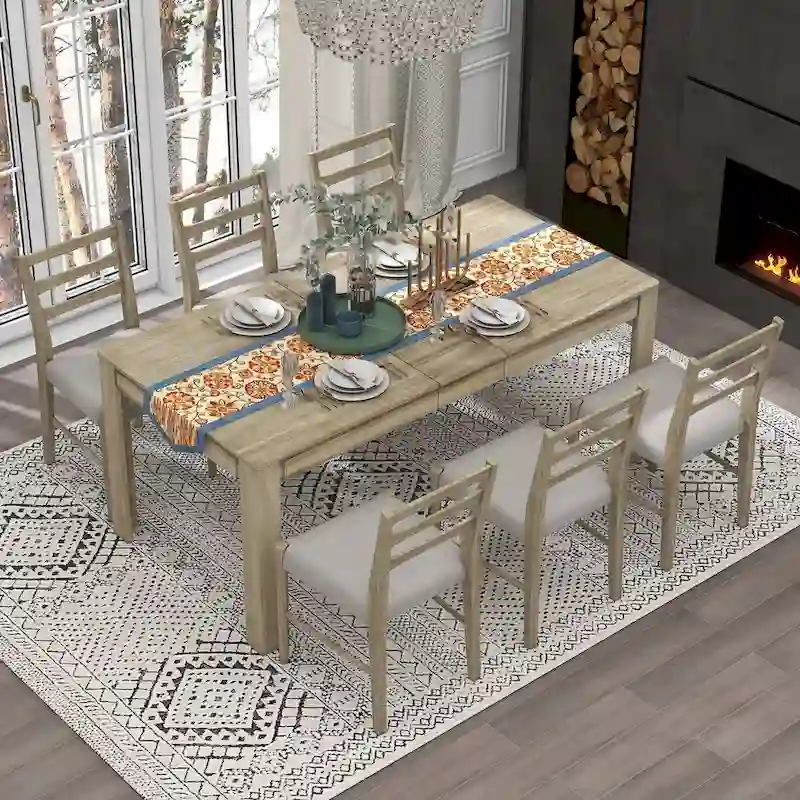 7-Piece Wooden Extendable Dining Table Set with 12 Leaf and 2 Drawers, 6 Chairs