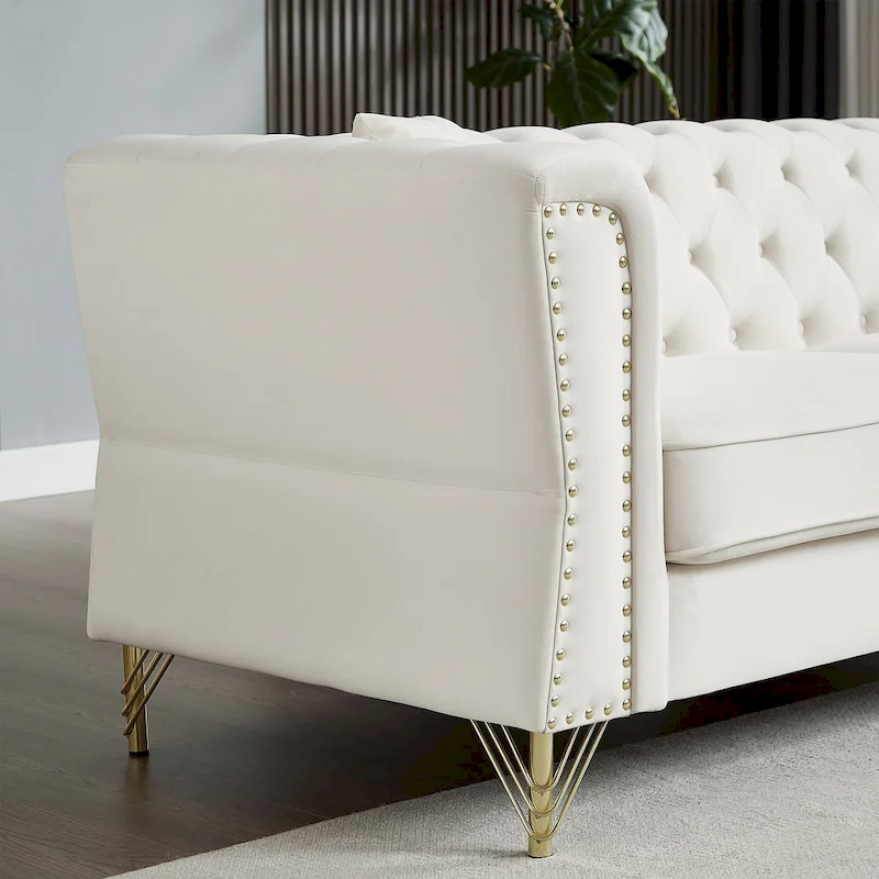 Beige 60.2 Velvet 2 Seater Sofa Couch with Metal Feet, 2 Pillows, Nailhead Trim, Solid Wood Frame and Foam Padding
