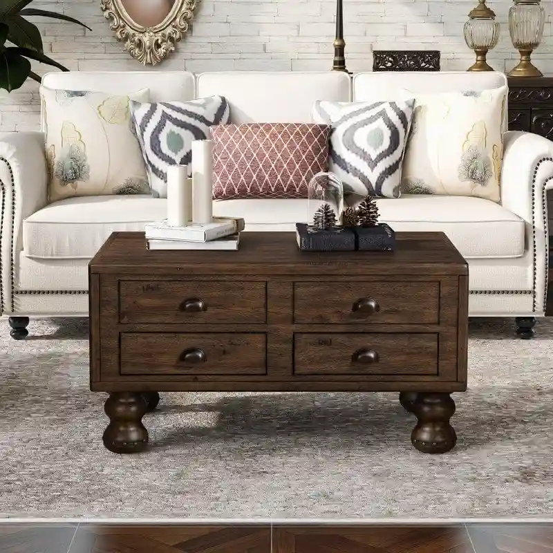 Rectangle Coffee Table, 4 Drawers, Pine Wood & MDF, Oak Veneer, Gourd Legs, 40
