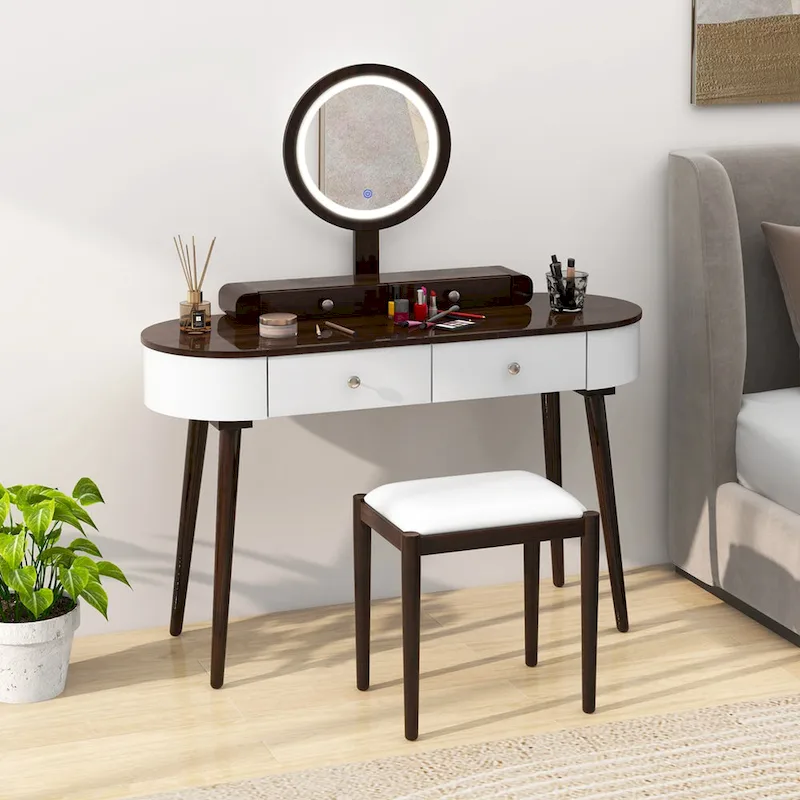 Costway Solid Wood Makeup Vanity Desk Set with LED Lighted Mirror