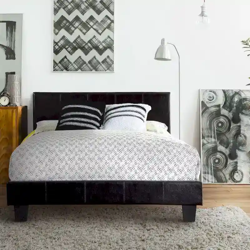 Queen / King / Cal King Low-Profile Faux Leather Platform Bed with Padded Rails and Wood Veneer Legs – Grey / White / Espresso, for 1–2 People