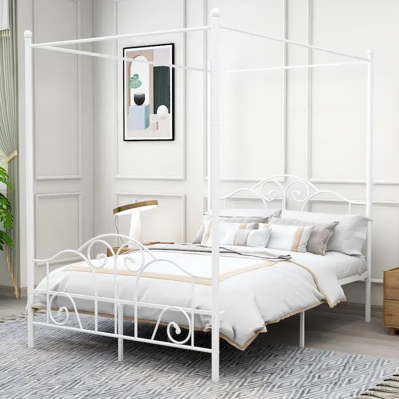 Four Post Metal Canopy Bed Frame, Vintage Style, Metal Slats, No Box Spring, 600 lbs, Seats 2, White/Black, Full/Queen